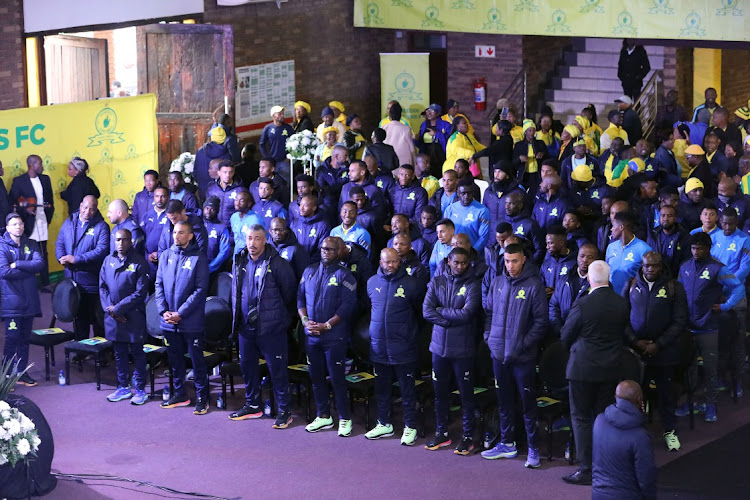 Mamelodi Sundowns players during the funeral service of the late Alex "Goldfinger" Shakoane at Mamelodi International Assemblies of God Church.