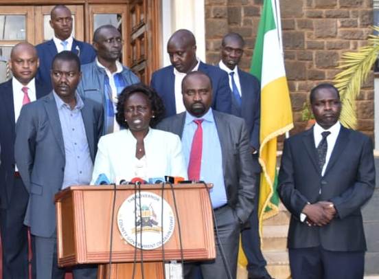 Uasin Gishu Senator Margaret Kamar speaking in Eldoret on preparedness to handle the Corona Virus. She is with members of the Uasin Gishu County response committee