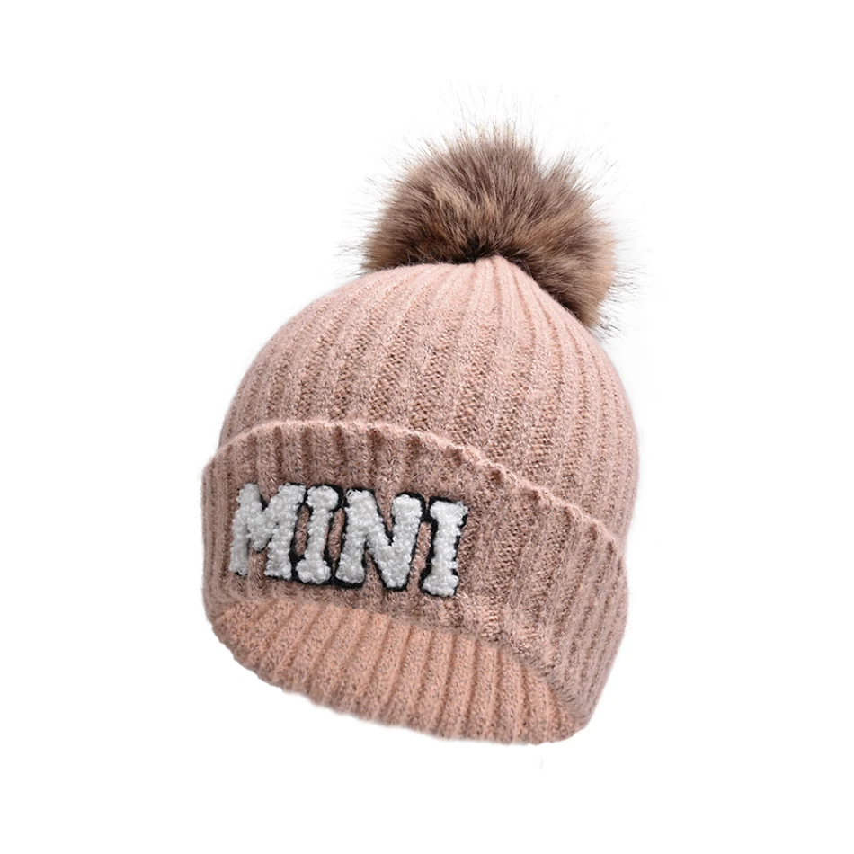 Gorro de lana con letras MAMA, gorro cálido con bola de piel para exteriores