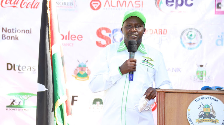 Moses Tanui briefs the press during the launch of the 4th Eldoret City marathon on Monday