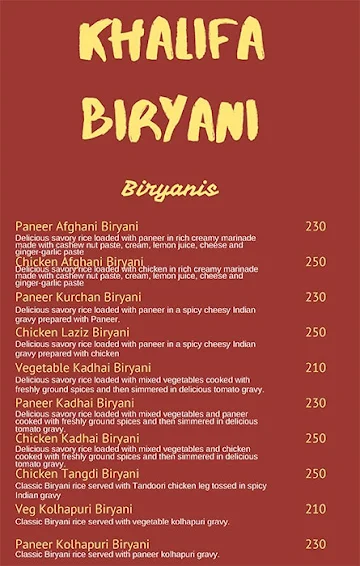 Khalifa Biryani menu 