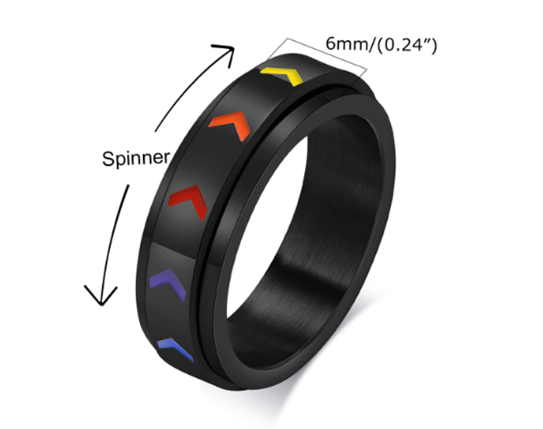 Draaibare regenboogpijl ring van titanium en roestvrij staal in zes kleuren. Toon je unieke stijl met deze opvallende en modieuze ring.