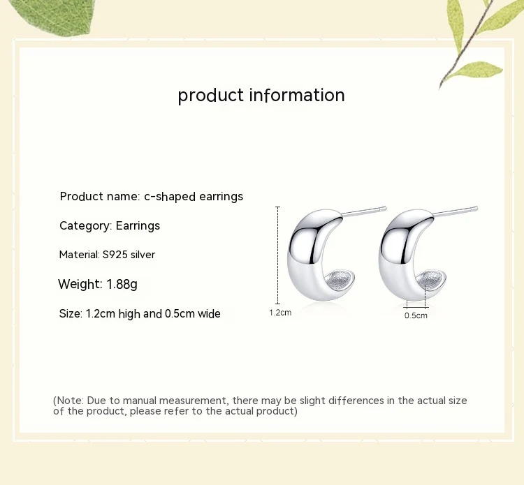 Title 6, S925 Sterling Silver Glossy C-Shaped Stud Earri...