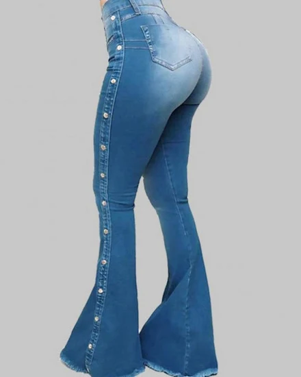 Mid Waisted Stretch Flare Jeans Women Denim Pants Wide Le... - 1