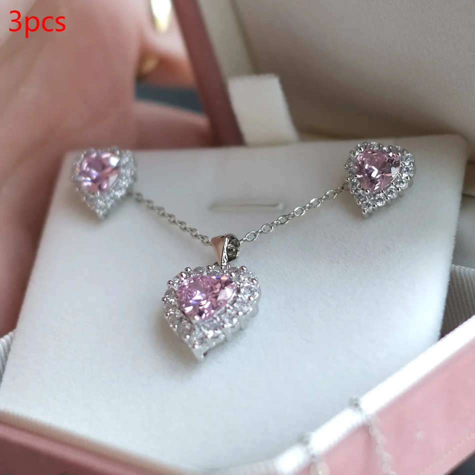 Conjunto de Brincos e Colar Zircônia Rosa Coração Amor – Presente Dia dos Namorados Qixi para Namorada – Demonstre seu amor.