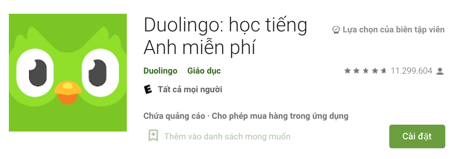 Phần mềm học tiếng anh Duolingo - Hơn 11tr lượt đánh giá trên Google Play