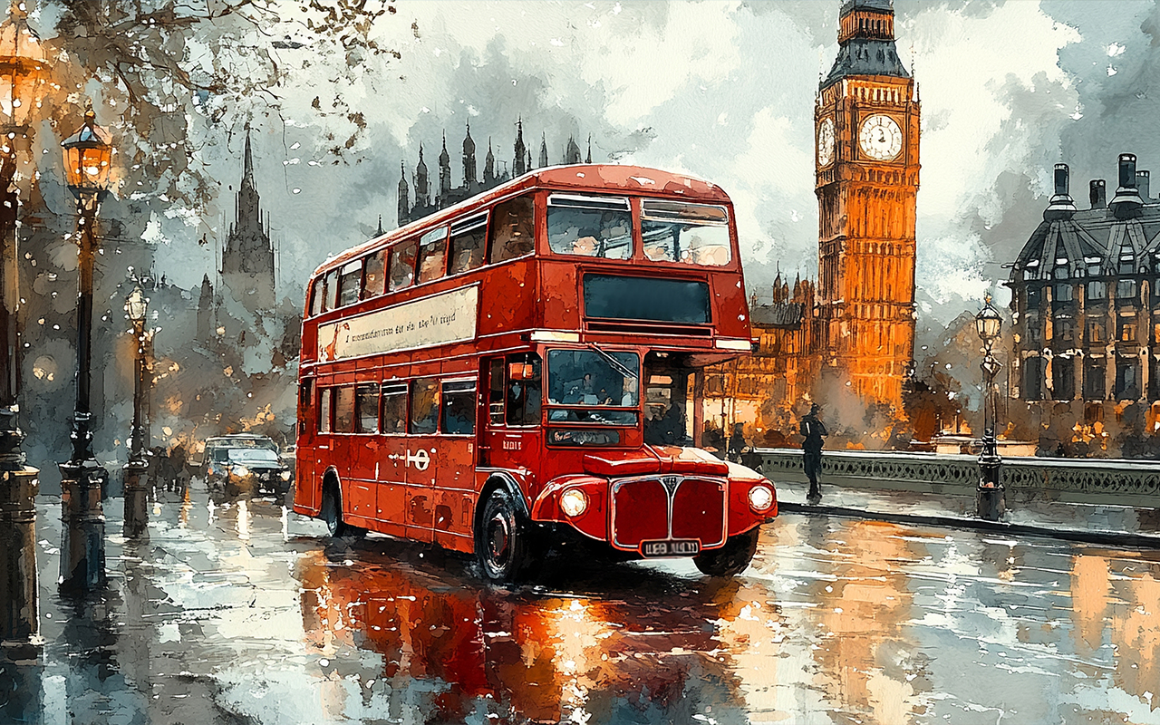 London bus scene watercolor painting