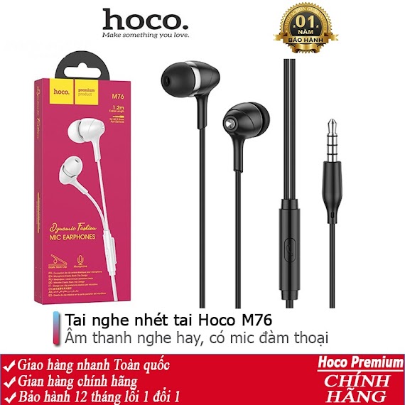 Tai Nghe Nhét Tai Hoco M76 Thể Thao, Nghe Hay Có Mic Đàm Thoại, Dây Dài 1.2M, Jack Cắm 3.5Mm - Chính Hãng