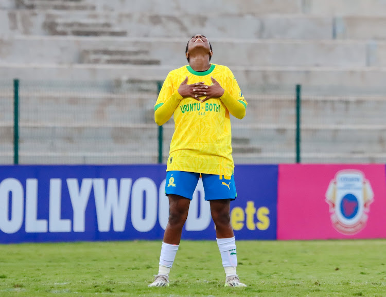 Lelona Daweti celebrates during Mamelodi Sundowns Ladies' Cosafa zonal Caf Women's Champions League qualifying win against Young Buffaloes at Sugar Ray Stadium on Clermont, Durban on Saturday.