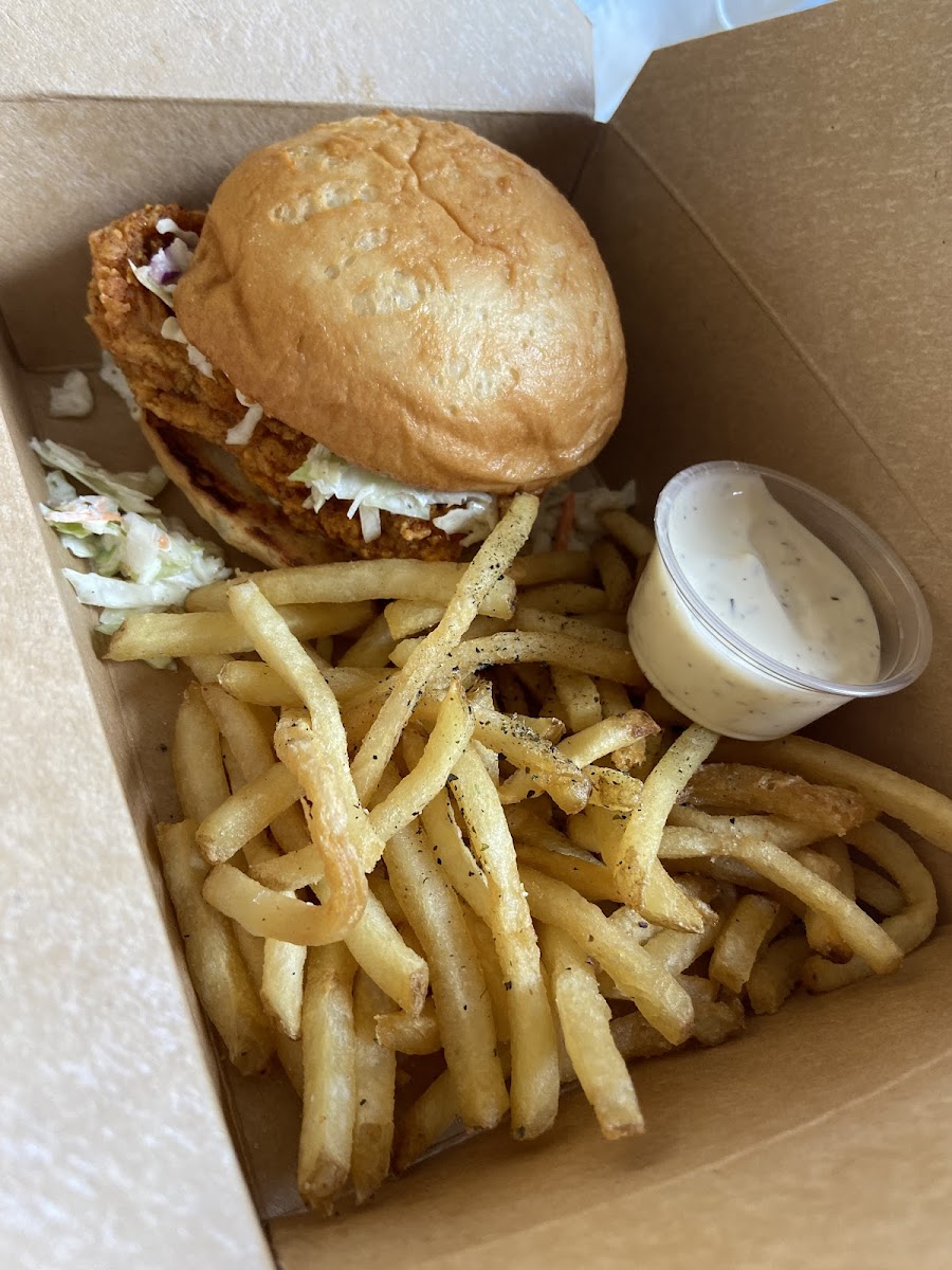 AZ hot chicken sandwich with fries and ranch