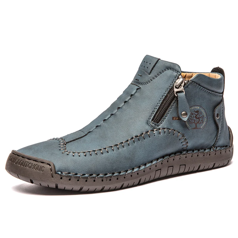 Zapatos casuales de cuero para hombre Zhongbang, outdoor, tallas grandes, cosidos a mano, estilo viaje, con cremallera, ideales para hombre.