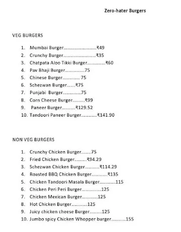 Zero Hater Burgers menu 