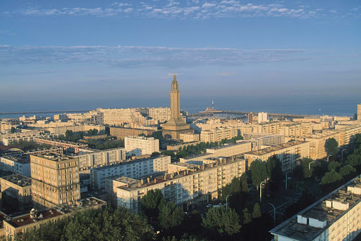 The architecture of Le Havre reflects the work of architect Auguste Perret after the city was heavily bombed during WWII.