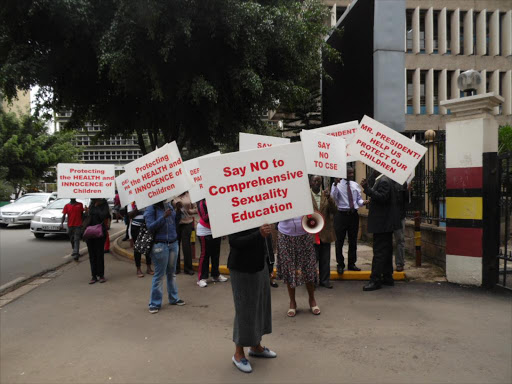 Parents protest against proposed sex education for schoolchildren outside the Ministry of Education offices in Jogoo House, Nairobi, on November 25 last year /JOSEPH NDUNDA