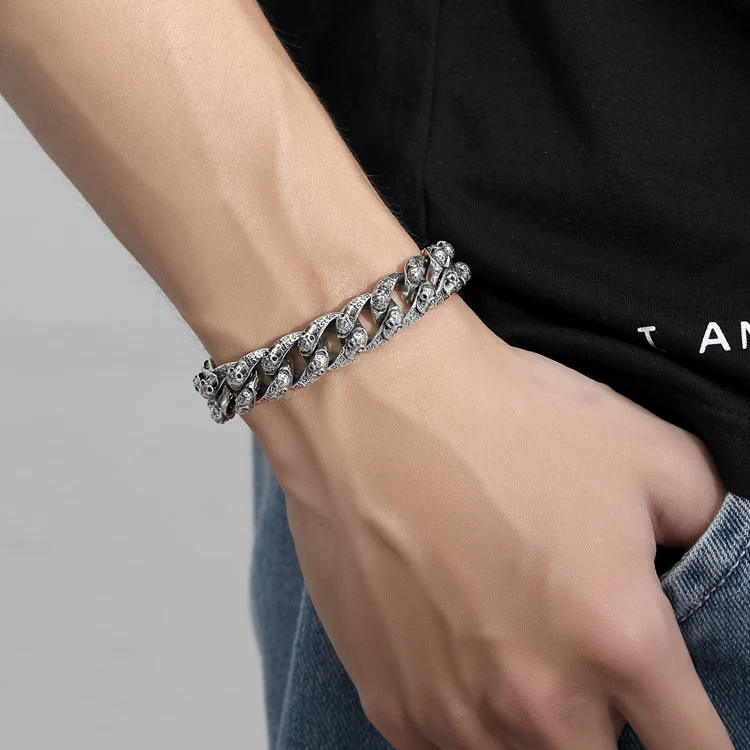 Pulsera de calavera vintage de plata de ley para hombre