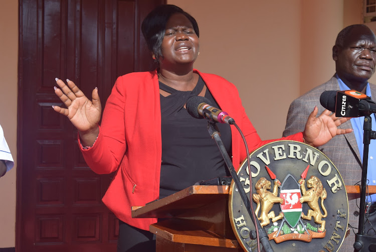 Homa Bay Governor Cyprian Awiti speaks at her offices in Homa Bay town on September 28