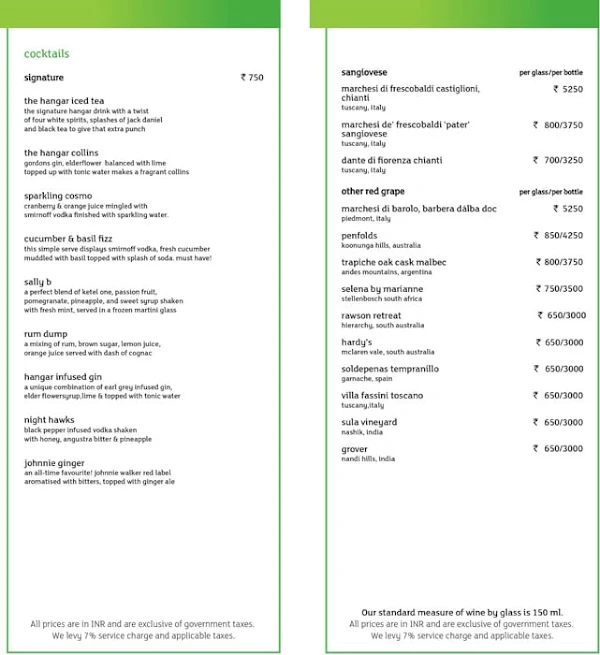 The Hangar - Bar & Lounge - Holiday Inn menu 