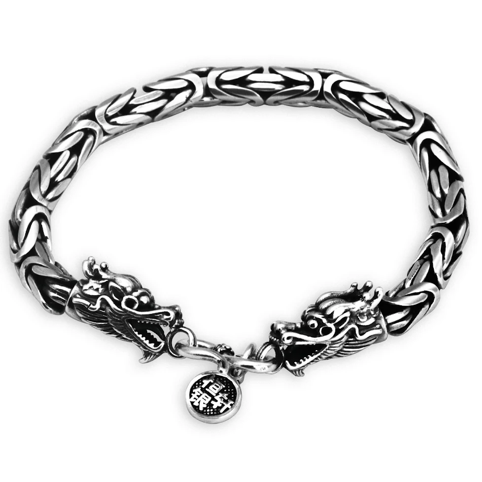 Pulseira Retro com Duas Cabeças de Dragão Chinês Dominador, joia masculina poderosa, estilo único, símbolo de força e boa sorte.