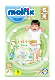 Tã quần Molfix Thiên nhiên Ultra XL Gói 62+8 miếng (12-17kg)