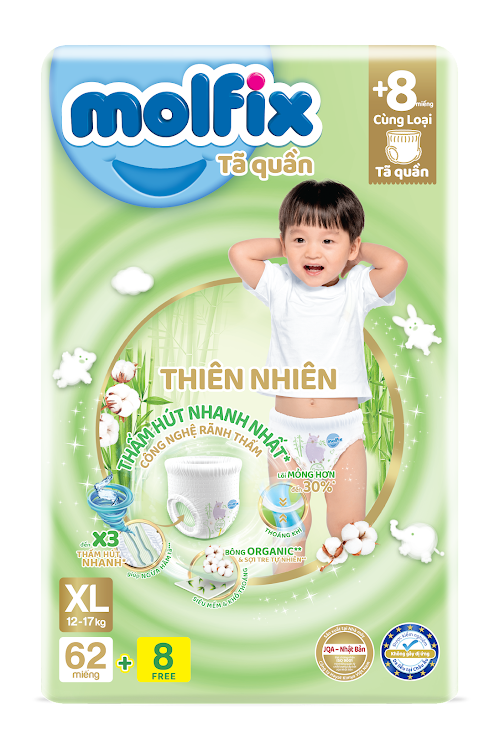 Tã quần Molfix Thiên nhiên Ultra XL Gói 62+8 miếng (12-17kg)