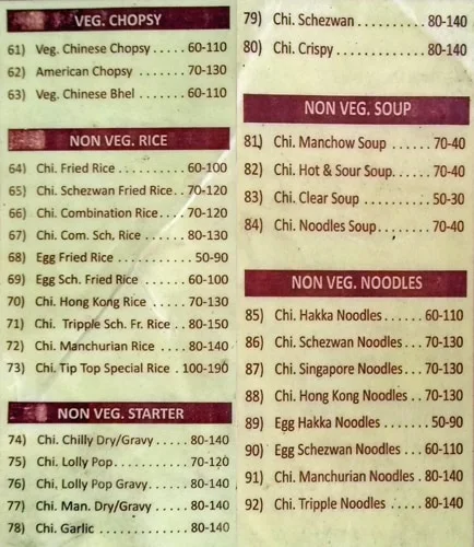 Tip Top Chinese menu 