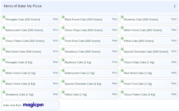 Bake My Pizza menu 