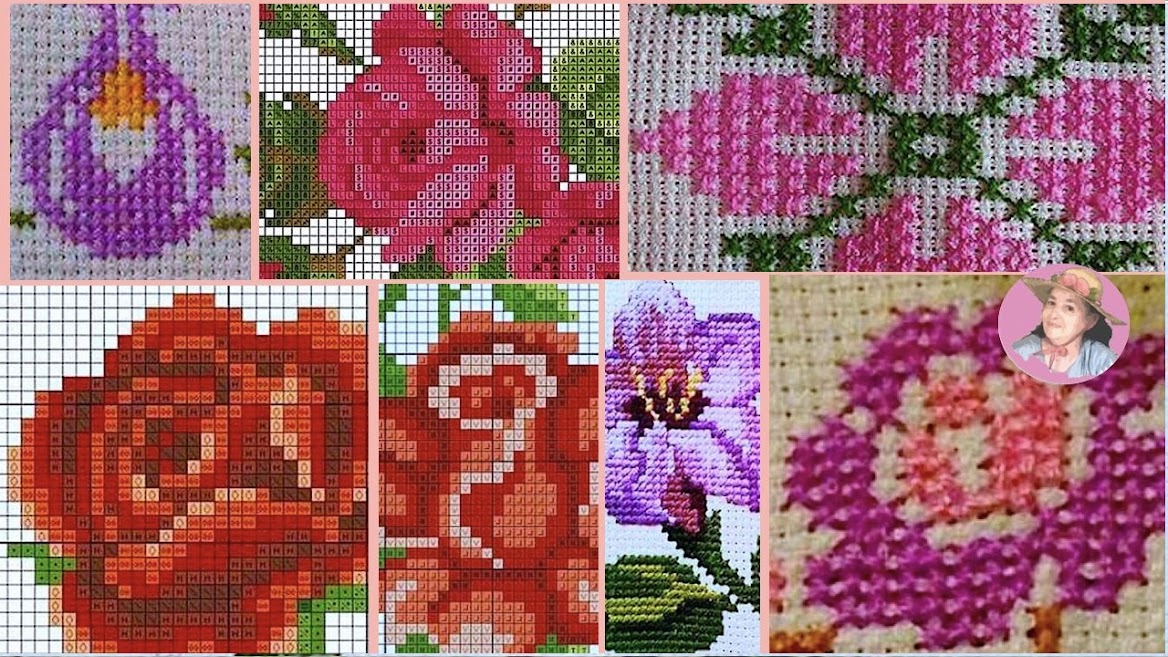 Bellas muestras de flores y rosas en punto de cruz 