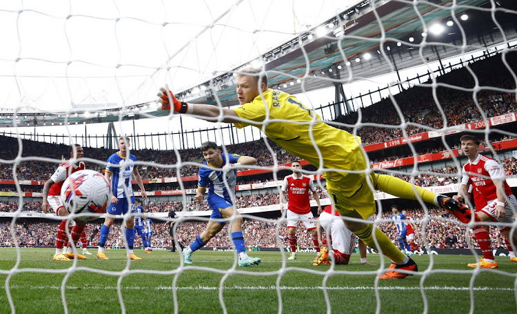 Brighton & Hove Albion's Julio Enciso scores their first goal against Arsenal at Emirates Stadium in London, Britain, May 14 2023. Picture: JOHN SIBLEY/ACTION IMAGES/REUTERS