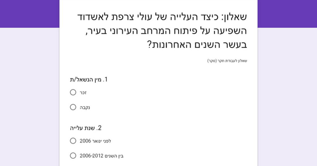 שאלון: כיצד העלייה של עולי צרפת לאשדוד השפיעה על פיתוח המרחב העירוני בעיר, בעשר השנים האחרונות?