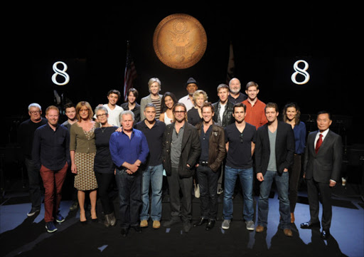 The cast onstage during rehearsals for '8' presented by The American Foundation For Equal Rights & Broadway Impact at The Wilshire Ebell Theatre, March 2012 in Los Angeles, California.