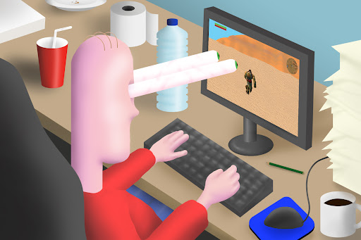 A cartoon man is playing a computer video game with his eyes glued to the screen.