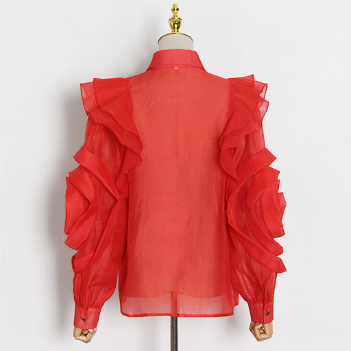 Title 11, Temperament Organza Solid Color Shirt Lapel Ruf...