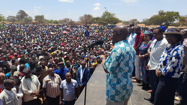 Makueni Governor Prof Kivutha Kibwana,Kitui Governor Charity Kaluki Ngilu and Machakos Governor Alfred Mutua among other leaders addressing a crowd at Makindu Makueni County on Wednesday