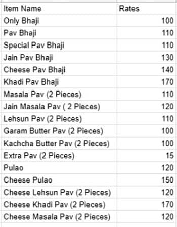 Kailas Pav Bhaji Center menu 