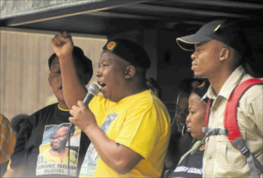 WAR CRY: ANCYL president Julius Malema addressing supporters during the economic freedom march in Johannesburg yesterday. PHOTO: VATHISWA RUSELO