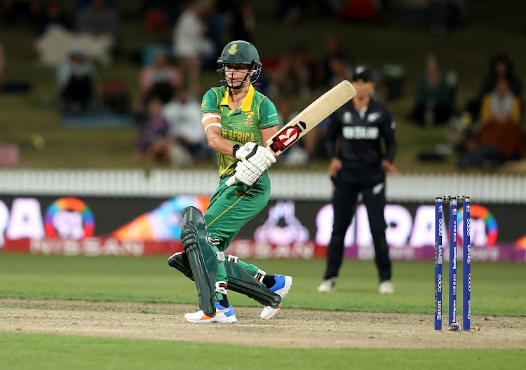 Marizanne Kapp of SA bats in the 2022 ICC Women's Cricket World match against New Zealand at Seddon Park in Hamilton, New Zealand on March 17, 2022.