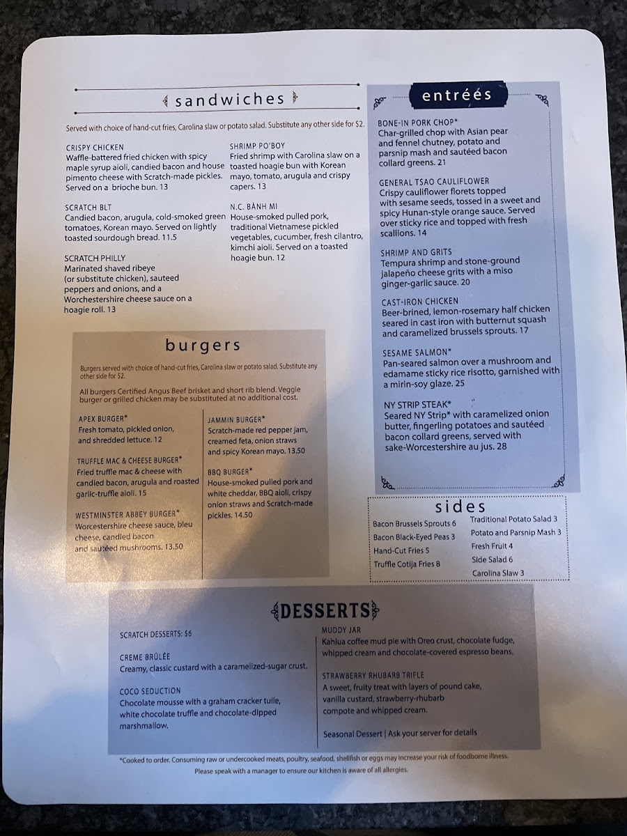 Scratch Kitchen and Taproom gluten-free menu