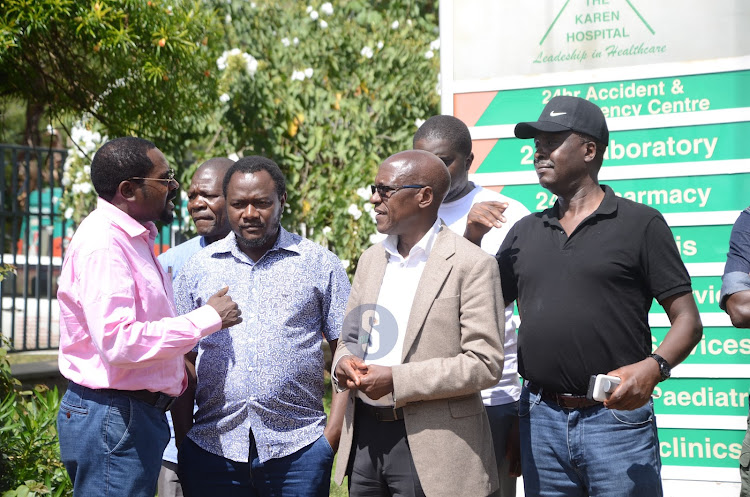 Section of Western leaders led by Kakamega senator Boni Khalwale together with lawyers Danstan Omari and Cliff Ombeta at Karen Hospital where they had pay a visit to former CS Rashid Echesa who was brought in sick by officers from Muthaiga police station, on March 30, 2024.