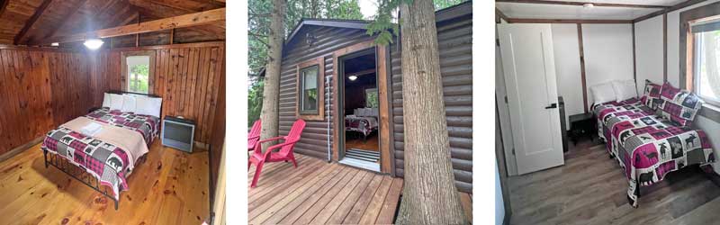 Small photos of a cabin bedroom, outside patio & second room for rental