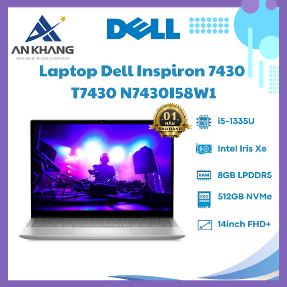 Laptop Dell Inspiron T7430 N7430I58W1 (Intel Core I5 1335U | 8Gb | 512Gb | Intel Iris Xe | 14 Inch Fhd + | Cảm Ứng | Win 11 | Office | Bạc) - Hàng Chính Hãng - Bảo Hành 12 Tháng