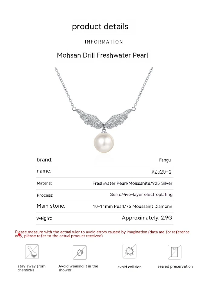 Onberispelijke parel engelvleugel mosoniet ketting. Stralende glans en hemels design voor een uniek sieraad. Ideaal als geschenk.