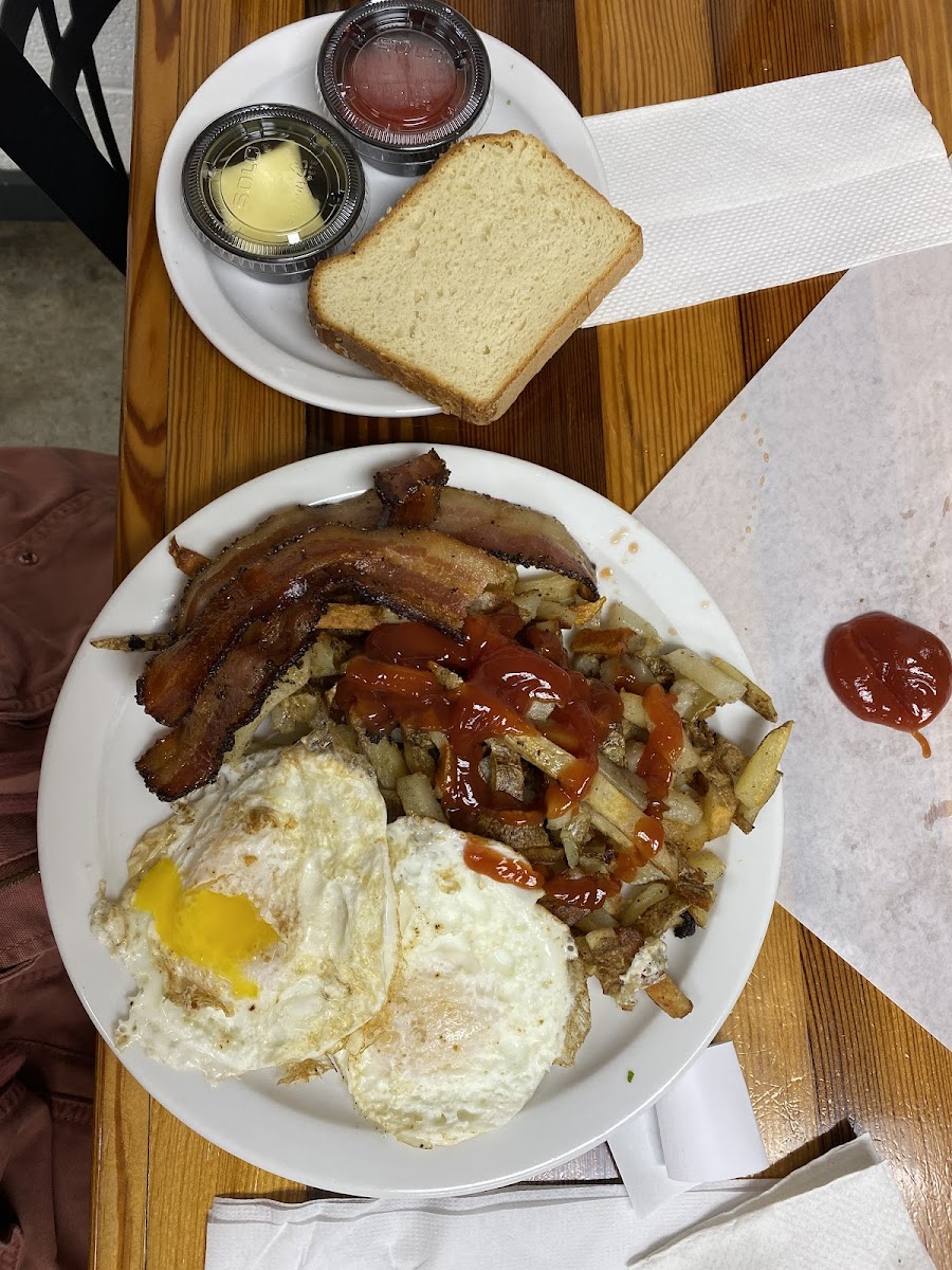 Breakfast Platter - eggs, homemade hashbrown potatoes, bacon, GF toast, butter and homemade strawberry jam