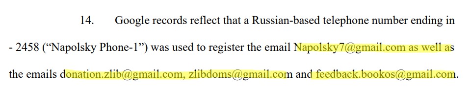 Telefone de Napolsky foi usado em email pessoal e mais três contas ligadas ao Z-Library (Imagem: Reprodução)