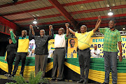 The ANC top six Jessie Duarte, Ace Magashule, Gwede Mantashe, Cyril Ramaphosa, David Mabuza and Paul Mashatile  at Nasrec, Johannesburg. /Simphiwe Nkwali