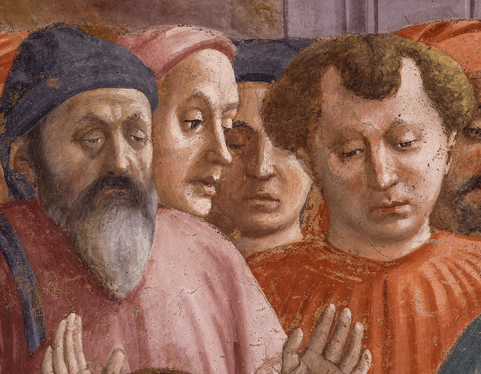 Masaccio e Filippino Lippi, Resurrezione del figlio di Teofilo e san Pietro in cattedra (particolare del gruppo di figure maschili facenti parte della scena che raffigura il miracolo), Cappella Brancacci, Santa Maria del Carmine, Firenze