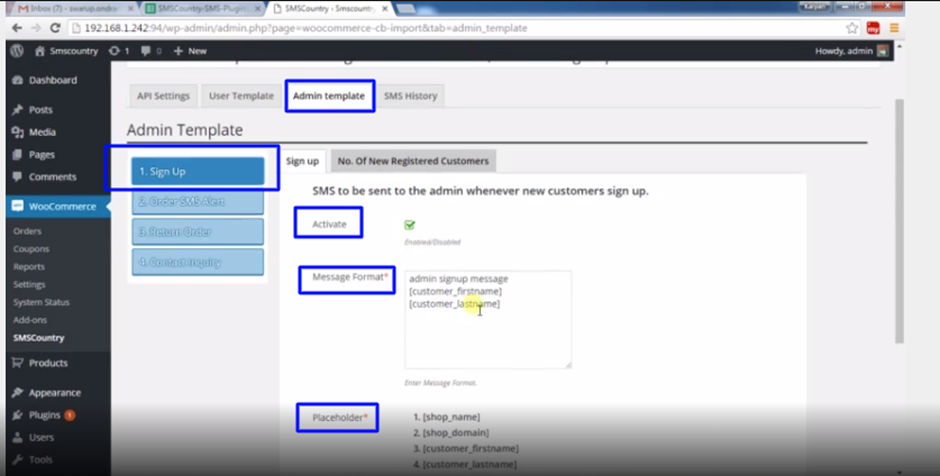 Admin SMS template in WooCommerce