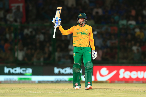 Rassie van der Dussen of South Africa celebrates after scoring a fifty during the 1st T20 match against India at Arun Jaitley Stadium on June 09 2022 in Delhi, India.