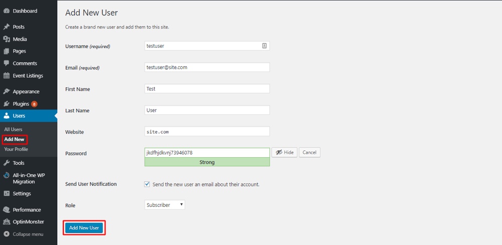 Adicionar novo usuário ao WordPress