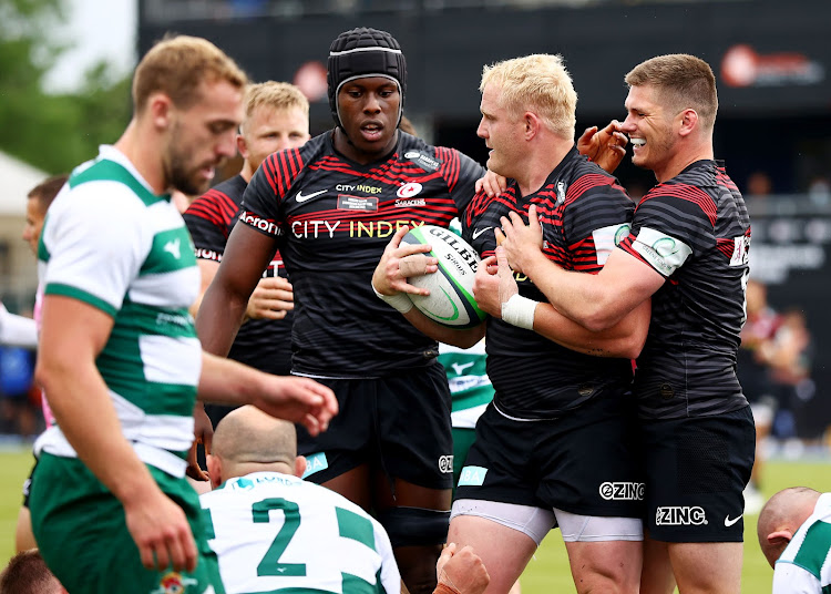 SA's Vincent Koch of Saracens celebrates with his teammates after scoring a try during the Saracens versus Ealing Trailfinders in the Championship Playoff final, second leg at StoneX Stadium on June 20, 2021 in Barnet