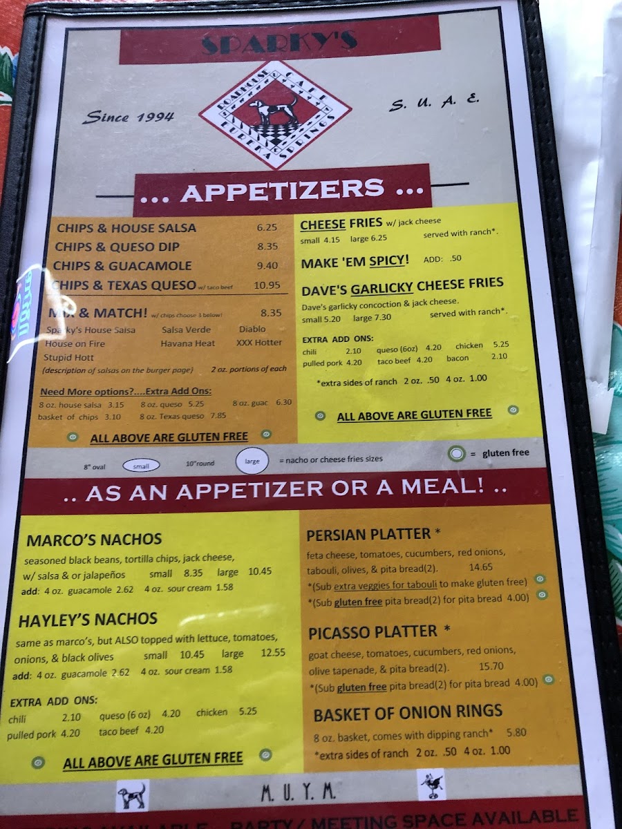 Sparky's Roadhouse Cafe gluten-free menu